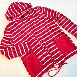 Marble Red Striped Open Front Hooded Cardigan Womens Size Small